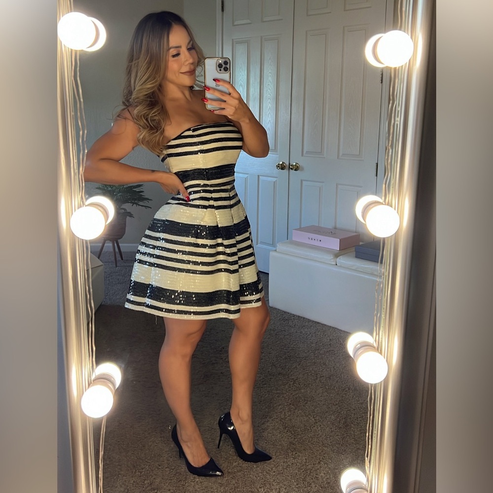 BLACK AND WHITE SEQUIN DRESS.